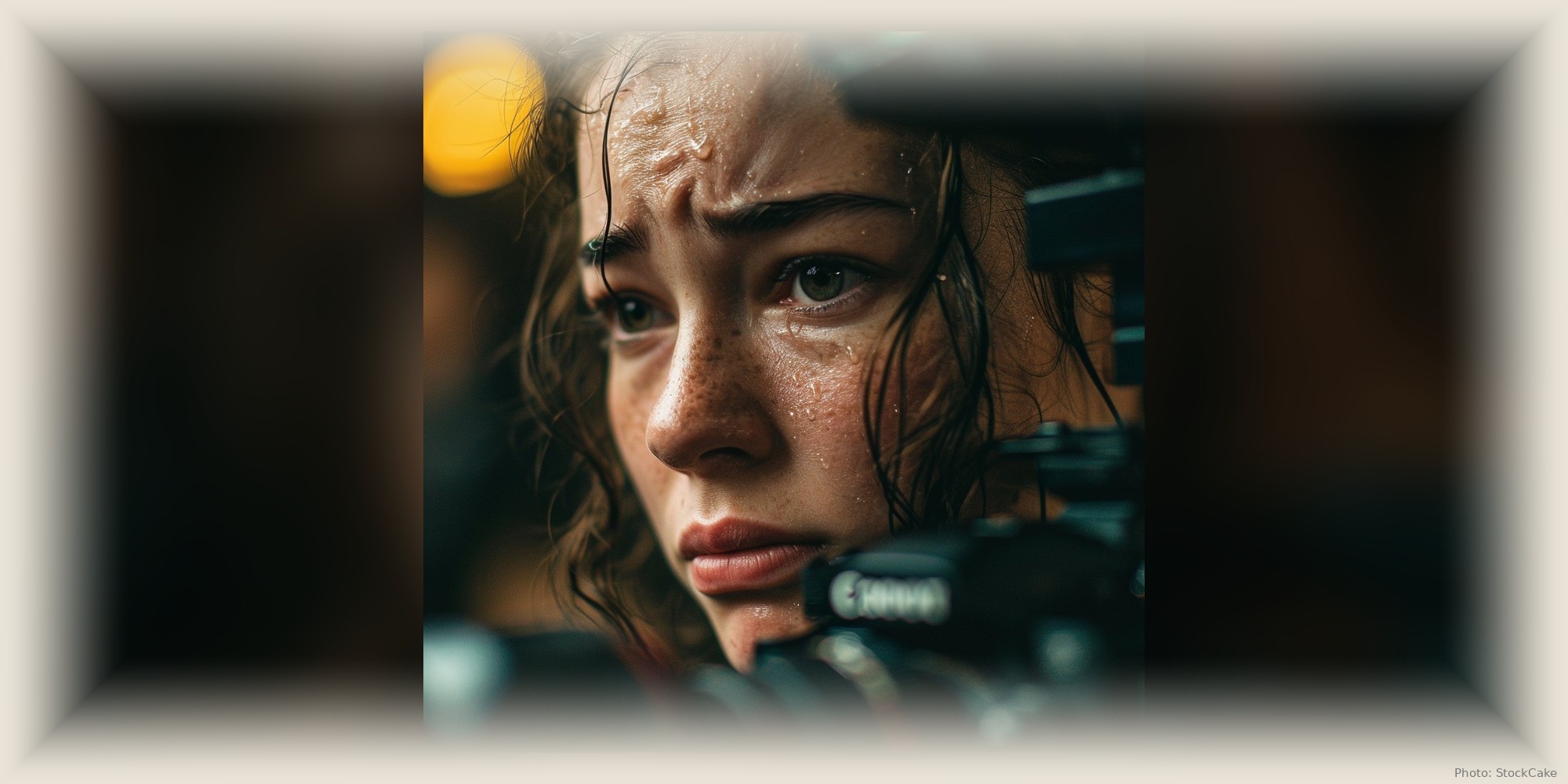 A woman turns her face toward the light, caught between exhaustion and hope.